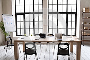 Concept of empty modern loft office space with wooden table.