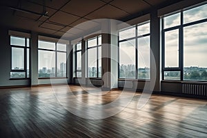 Empty room corner view with large windows. Generative AI