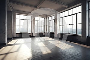 Empty room corner view with large windows. Generative AI