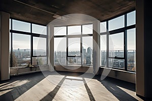 Empty room corner view with large windows. Generative AI