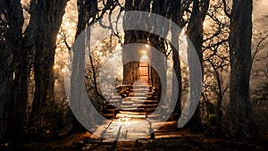 Concept of enchanting forest path stairs leading to the door, autumn forest. 3d render. Digital art illustration
