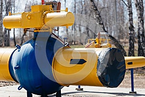 Concept of end of gas supplies to Europe. Ball valve of main gas pipeline with cut pipe.