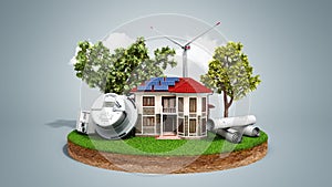 Concept of energy saving house with solar panels and a windmill