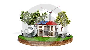 Concept of energy saving house with solar panels and a windmill