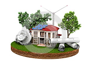 concept of energy saving house with solar panels and a windmill