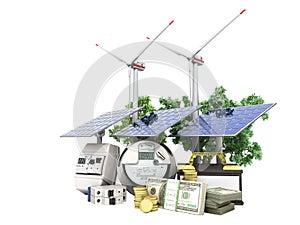 concept of energy saving solar panels and a windmill near the me