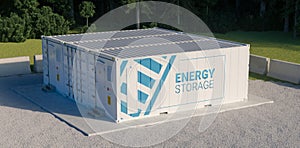 Concept of energy storage unit consisting of multiple conected containers with batteries. photo