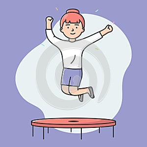 Concept Of Entertainments, Leisure. Girl Is Jumping On Trampoline. Woman Is Having A Good Time In Trampoline Park Or Gym