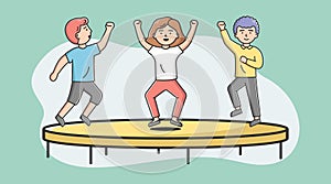 Concept Of Entertainments And Sport. Group Of Of Teens Boys And Girls Jumping On Trampoline In Activity Park Or Gym