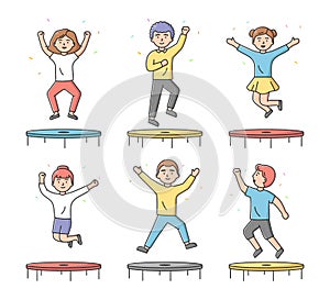 Concept Of Entertainments And Sport. Set Of Teens Boys And Girls Jumping On Trampoline In The Activity Park Or Gym