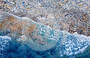 Concept environment plastic pollution asia ocean and water with human waste. Aerial drone top view