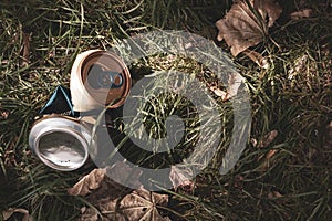 Concept of environmental pollution. aluminum can, on a background of grass and autumn leaves