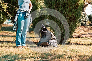 The concept of environmental pollution and Earth day. A woman volunteer removes garbage in the Park, near the feet is a black