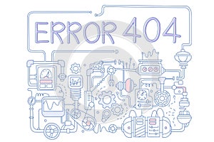 Concept of error 404. Colored vector background for not found page with pipes, working mechanisms, details, screens