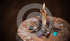 Magic concept. Paganism and wicca rite, altar of witch photo