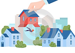 Concept eviction bank mortgage loan, tiny character male lose personal household flat vector illustration, isolated on
