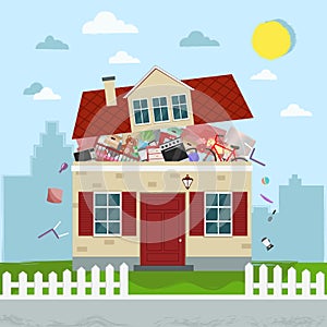 The concept of excessive consumerism. House bursting of stuff. Vector illustration.