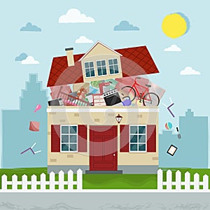 The concept of excessive consumerism. House bursting of stuff. Vector illustration.