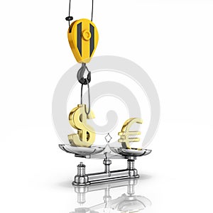 Concept of exchange rate support dollar vs euro The crane pulls the dollar up and lowers the euro on white background with