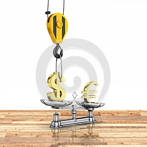 Concept of exchange rate support dollar vs euro The crane pulls the dollar up and lowers the euro on wood floor and white