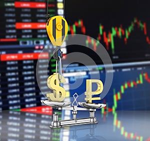 Concept of exchange rate support dollar vs euro The crane pulls the dollar up and lowers the ruble on stock exchange background 3d