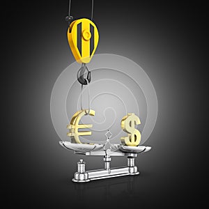 Concept of exchange rate support dollar vs euro The crane pulls the euro up and lowers the dollar on black gradient background 3d