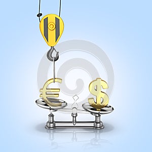 Concept of exchange rate support dollar vs euro The crane pulls the euro up and lowers the dollar on blue gradient background 3d