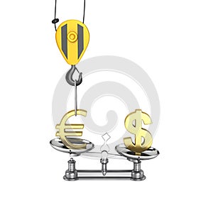 Concept of exchange rate support dollar vs euro The crane pulls the euro up and lowers the dollar on white background without