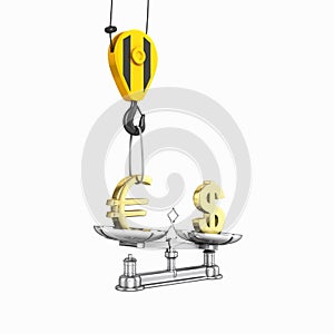 Concept of exchange rate support dollar vs euro The crane pulls the euro up and lowers the dollar on white background without