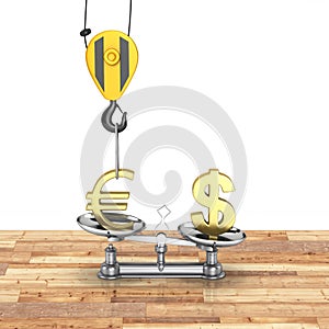 Concept of exchange rate support dollar vs euro The crane pulls the euro up and lowers the dollar on wood floor and white