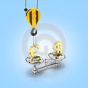Concept of exchange rate support dollar vs euro The crane pulls the pound up and lowers the dollar sterling on blue gradient