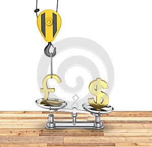 Concept of exchange rate support dollar vs euro The crane pulls the pound up and lowers the dollar sterling on wood floor and