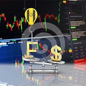 Concept of exchange rate support dollar vs franc The crane pulls the franc up and lowers the dollar on stock exchange background