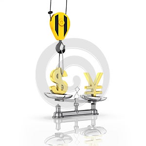 Concept of exchange rate support dollar vs yen The crane pulls the dollar up and lowers the yen on white background with