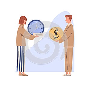 Concept of exchanging time for money and getting salary for work. Woman with clocks and man holding dollar coin to pay