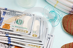 Concept of expenses and outlay for needs of newborn baby or infant photo