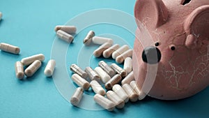 Concept of expensive drugs. pills and tablets fall moneybox. slow motion video