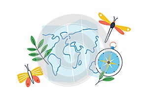 Concept of exploration, travel and eco tourism. Composition of geographical or naturalistic objects. Flat vector cartoon