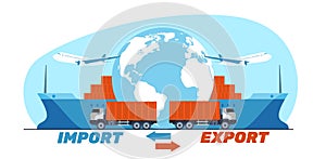 Concept of exporting and importing cargo around world, global logistics. International transportation by plane, barge photo