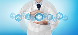 Concept of eye examination, optician hands protecting eye icon, prevention and control, web banner infographics with diagnostic