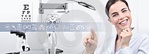 Concept of eye examination, smiling woman touch screen with icons in optometrist office, optician diagnostic equipments on