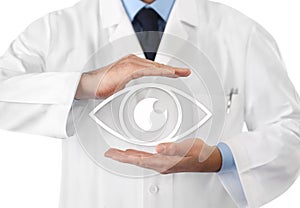 Concept of eyes examination, optician hands protecting eye icon, prevention and control, isolated in white background