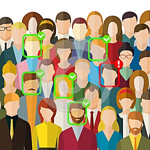 Concept of face identification. A crowd of people with ID marks on face. Face recognition system verifying suspect in