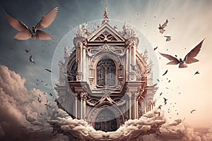 faith and spirituality with architechture and flying birds illustration generative ai photo