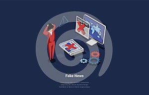 Concept Of Fake Breaking News, Mass media, Television, Interview. Character is Holding His Head From Untruthful