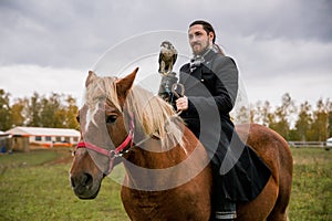 The concept of falconry. A man with a leather glove and a beautiful Falcon on handon a chestnut, red, and red horse