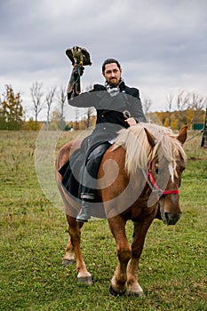 The concept of falconry. A man with a leather glove and a beautiful Falcon on handon a chestnut, red, and red horse