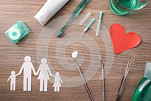 Concept of family dental insurance on table with representative elements