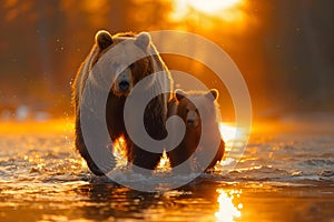 Concept Family Portraits, Wildlife Photography, Sunset Bear Familys River Stroll at Sunset