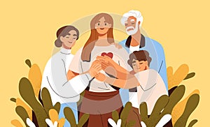 Concept of family support and care. Love and trust between woman and her parents. Happy mother, father, daughter and son